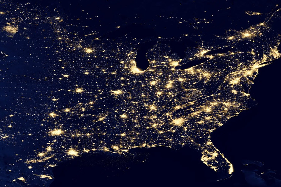 night aerial view of eastern US