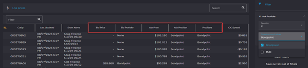 IMTC screenshot showing live pricing